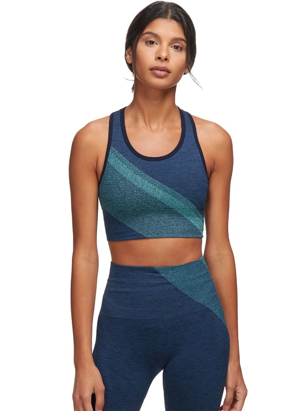 LNDR Navy Blue Racerback Crop Top with Teal Diagonal Detail